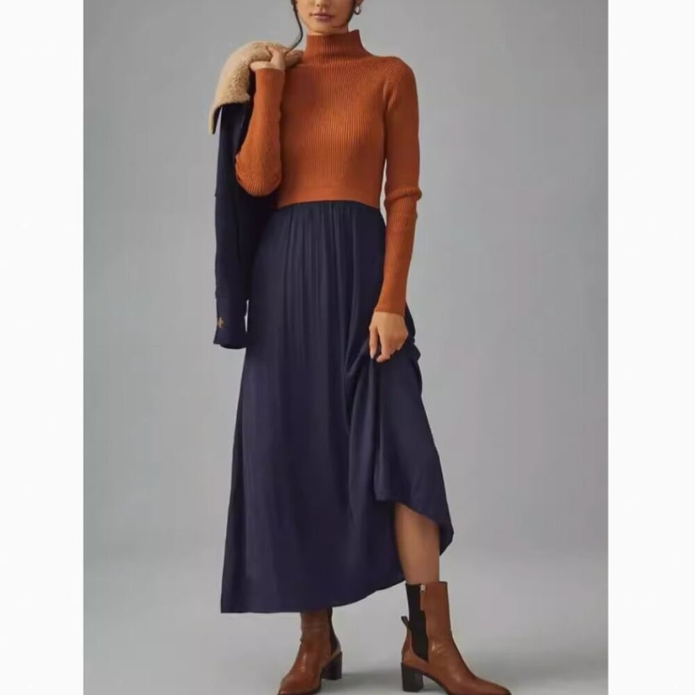 Anthropologie Thea Long Sleeve Twofer Maxi Dress Rust Navy Blue M Fall Casual